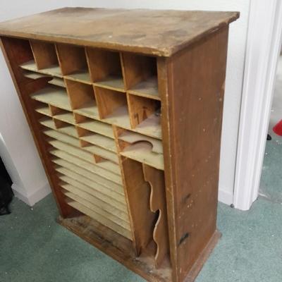 Antique Storage Accessory Cabinet Fixed Shelves with white wooden chair
