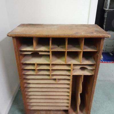 Antique Storage Accessory Cabinet Fixed Shelves with white wooden chair