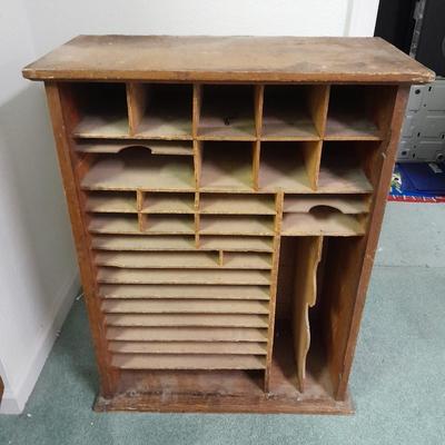 Antique Storage Accessory Cabinet Fixed Shelves with white wooden chair