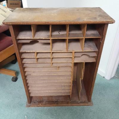 Antique Storage Accessory Cabinet Fixed Shelves with white wooden chair