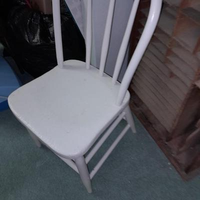 Antique Storage Accessory Cabinet Fixed Shelves with white wooden chair