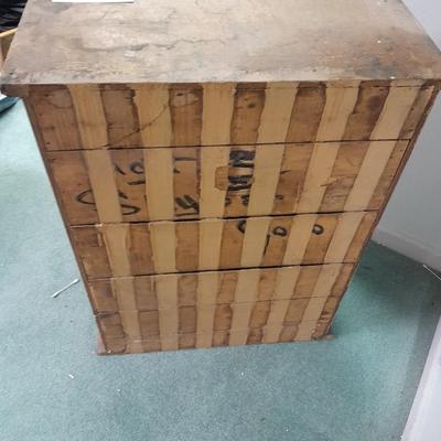 Antique Storage Accessory Cabinet Fixed Shelves with white wooden chair