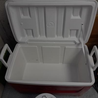 Igloo cooler, Coleman drink cooler, ice packs and new condiment containers