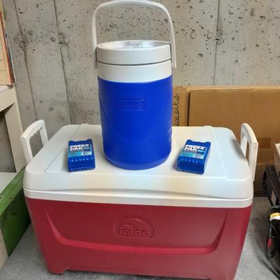 Igloo cooler, Coleman drink cooler, ice packs and new condiment containers