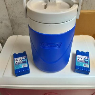 Igloo cooler, Coleman drink cooler, ice packs and new condiment containers