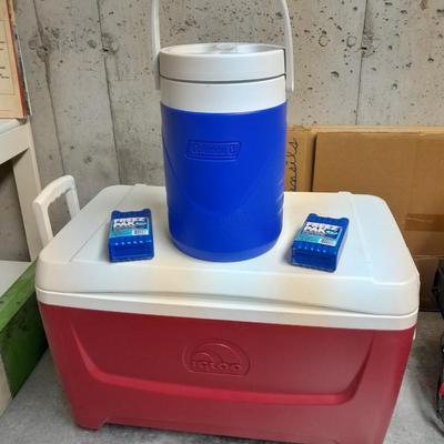 Igloo cooler, Coleman drink cooler, ice packs and new condiment containers