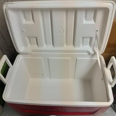 Igloo cooler, Coleman drink cooler, ice packs and new condiment containers