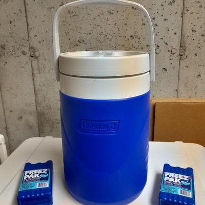 Igloo cooler, Coleman drink cooler, ice packs and new condiment containers
