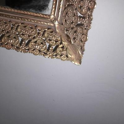 Filigree Gold French vanity set, Mirror, Cologne & Perfume Empty Bottles, vase, and frosted glass perfume bottle