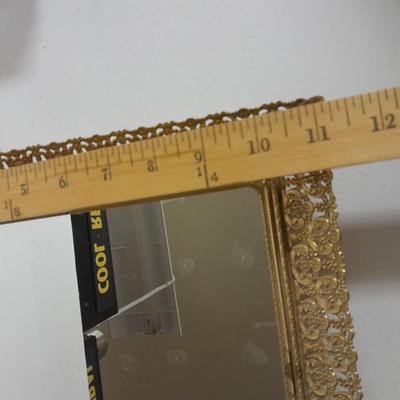 Filigree Gold French vanity set, Mirror, Cologne & Perfume Empty Bottles, vase, and frosted glass perfume bottle