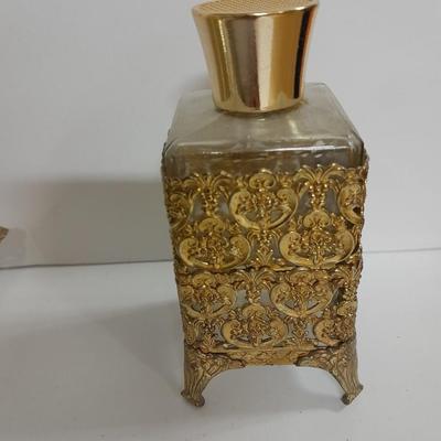 Filigree Gold French vanity set, Mirror, Cologne & Perfume Empty Bottles, vase, and frosted glass perfume bottle