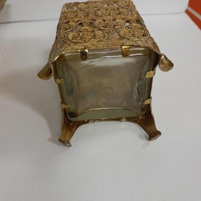 Filigree Gold French vanity set, Mirror, Cologne & Perfume Empty Bottles, vase, and frosted glass perfume bottle