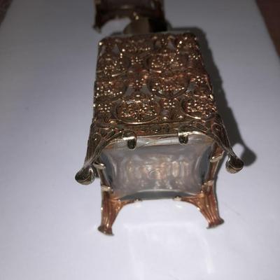 Filigree Gold French vanity set, Mirror, Cologne & Perfume Empty Bottles, vase, and frosted glass perfume bottle