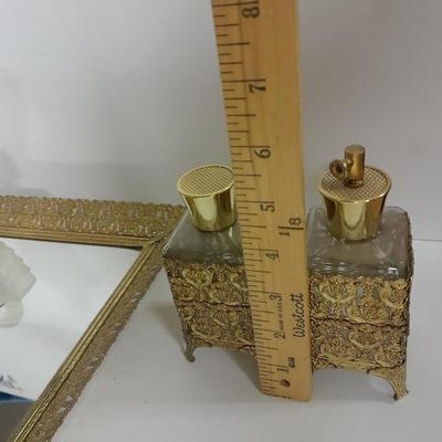Filigree Gold French vanity set, Mirror, Cologne & Perfume Empty Bottles, vase, and frosted glass perfume bottle
