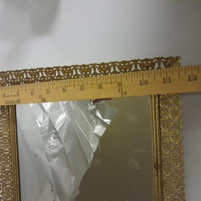 Filigree Gold French vanity set, Mirror, Cologne & Perfume Empty Bottles, vase, and frosted glass perfume bottle