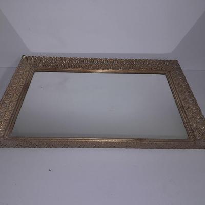 Filigree Gold French vanity set, Mirror, Cologne & Perfume Empty Bottles, vase, and frosted glass perfume bottle