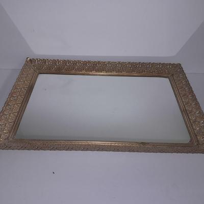 Filigree Gold French vanity set, Mirror, Cologne & Perfume Empty Bottles, vase, and frosted glass perfume bottle