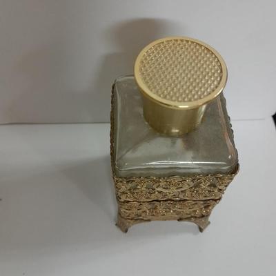 Filigree Gold French vanity set, Mirror, Cologne & Perfume Empty Bottles, vase, and frosted glass perfume bottle
