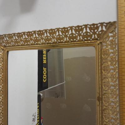 Filigree Gold French vanity set, Mirror, Cologne & Perfume Empty Bottles, vase, and frosted glass perfume bottle