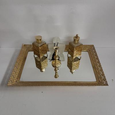 Filigree Gold French vanity set, Mirror, Cologne & Perfume Empty Bottles, vase, and frosted glass perfume bottle