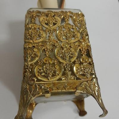 Filigree Gold French vanity set, Mirror, Cologne & Perfume Empty Bottles, vase, and frosted glass perfume bottle