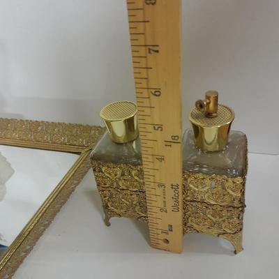 Filigree Gold French vanity set, Mirror, Cologne & Perfume Empty Bottles, vase, and frosted glass perfume bottle