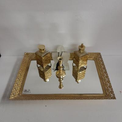 Filigree Gold French vanity set, Mirror, Cologne & Perfume Empty Bottles, vase, and frosted glass perfume bottle
