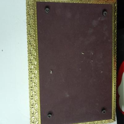 Filigree Gold French vanity set, Mirror, Cologne & Perfume Empty Bottles, vase, and frosted glass perfume bottle