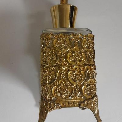 Filigree Gold French vanity set, Mirror, Cologne & Perfume Empty Bottles, vase, and frosted glass perfume bottle