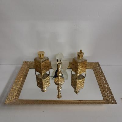 Filigree Gold French vanity set, Mirror, Cologne & Perfume Empty Bottles, vase, and frosted glass perfume bottle
