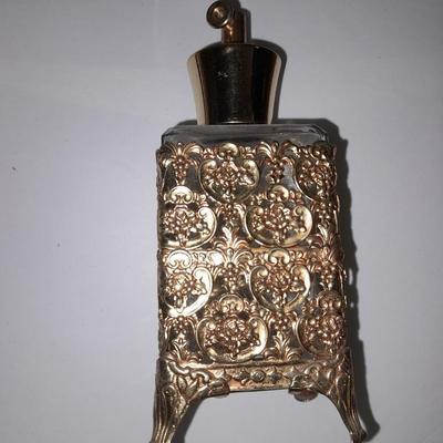 Filigree Gold French vanity set, Mirror, Cologne & Perfume Empty Bottles, vase, and frosted glass perfume bottle