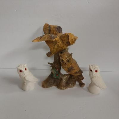 Vintage white Alabaster owl pair and Porcelain owl figure