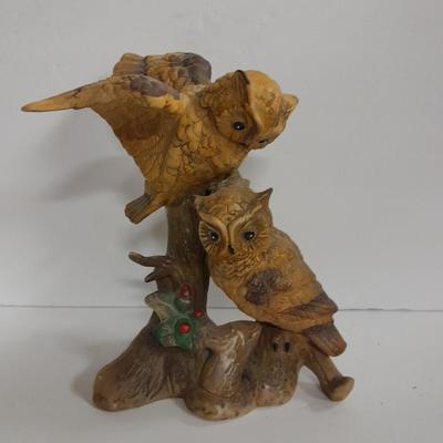 Vintage white Alabaster owl pair and Porcelain owl figure