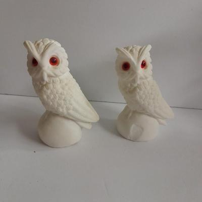 Vintage white Alabaster owl pair and Porcelain owl figure