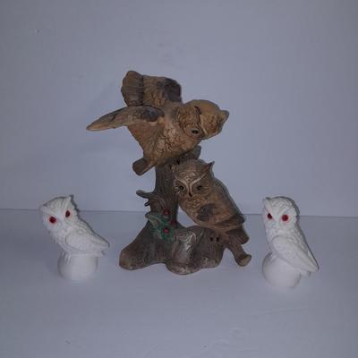 Vintage white Alabaster owl pair and Porcelain owl figure