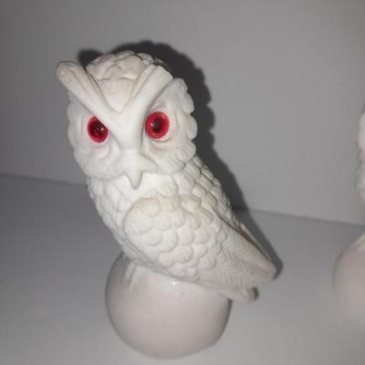 Vintage white Alabaster owl pair and Porcelain owl figure