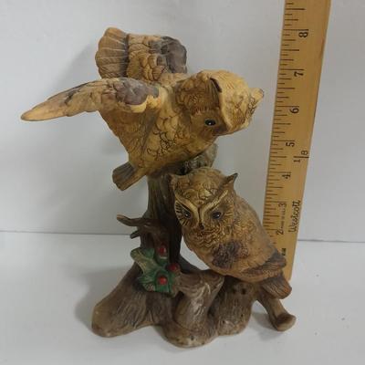 Vintage white Alabaster owl pair and Porcelain owl figure