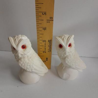 Vintage white Alabaster owl pair and Porcelain owl figure