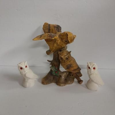 Vintage white Alabaster owl pair and Porcelain owl figure