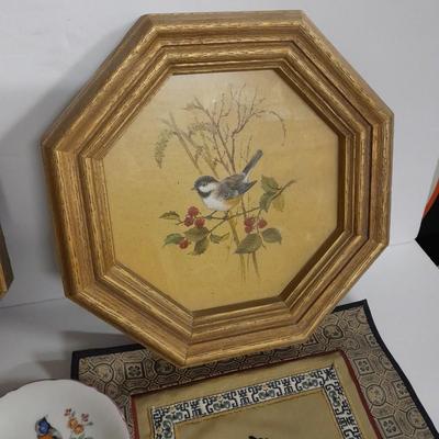 Two Vintage Chinese Silk Hand Embroidered bird and Flower textile Panels- Bird pictures and plates