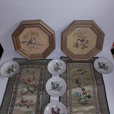 Two Vintage Chinese Silk Hand Embroidered bird and Flower textile Panels- Bird pictures and plates