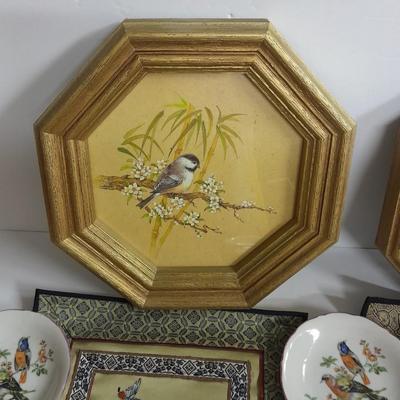 Two Vintage Chinese Silk Hand Embroidered bird and Flower textile Panels- Bird pictures and plates