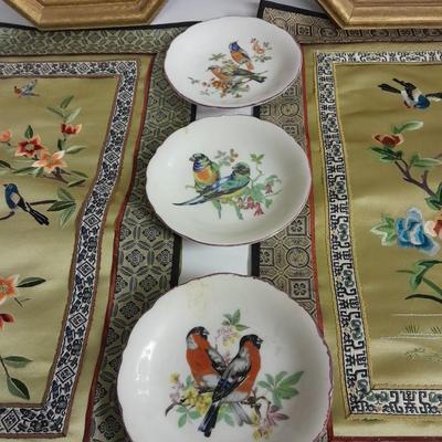 Two Vintage Chinese Silk Hand Embroidered bird and Flower textile Panels- Bird pictures and plates