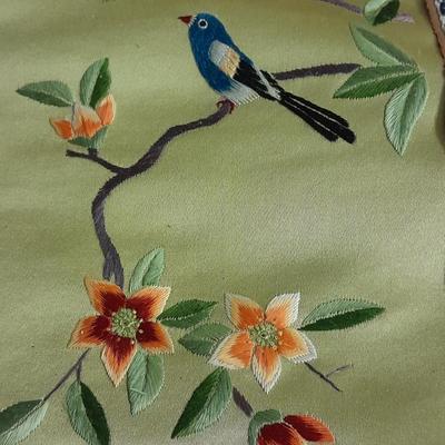Two Vintage Chinese Silk Hand Embroidered bird and Flower textile Panels- Bird pictures and plates