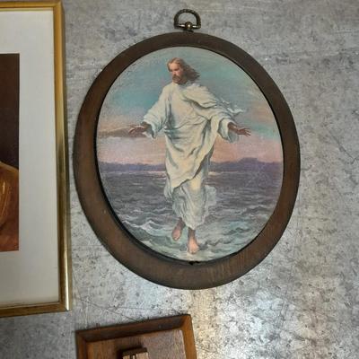 Vintage religious wall hanging Bubble art, framed Jesus, and two wall crosses.