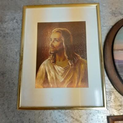 Vintage religious wall hanging Bubble art, framed Jesus, and two wall crosses.