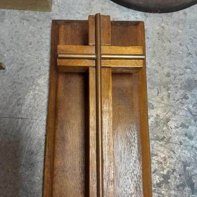 Vintage religious wall hanging Bubble art, framed Jesus, and two wall crosses.