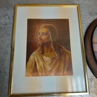 Vintage religious wall hanging Bubble art, framed Jesus, and two wall crosses.