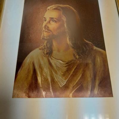 Vintage religious wall hanging Bubble art, framed Jesus, and two wall crosses.