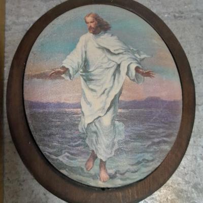 Vintage religious wall hanging Bubble art, framed Jesus, and two wall crosses.